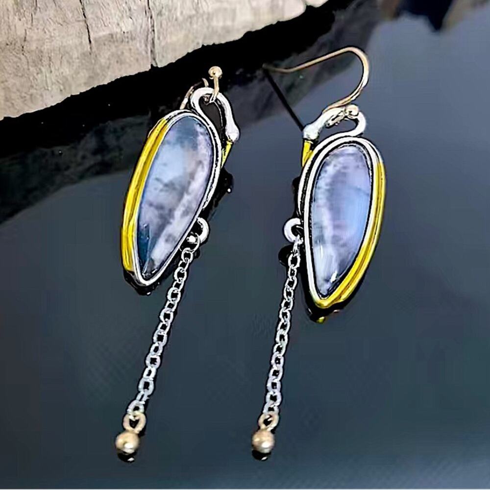 Vintage Swan Chalcedony Boho Marbled 925 Ancient Silver Dangle Earrings - Picture 2 of 4